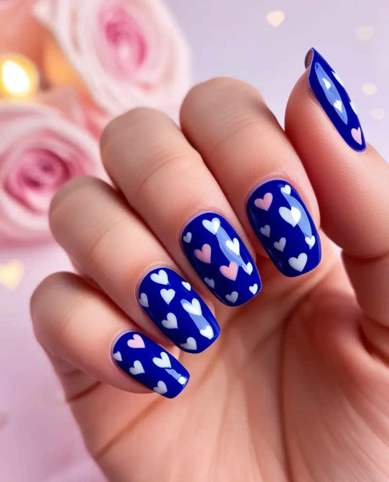 Blue nails with white and pink heart patterns, perfect for Valentine’s Day.