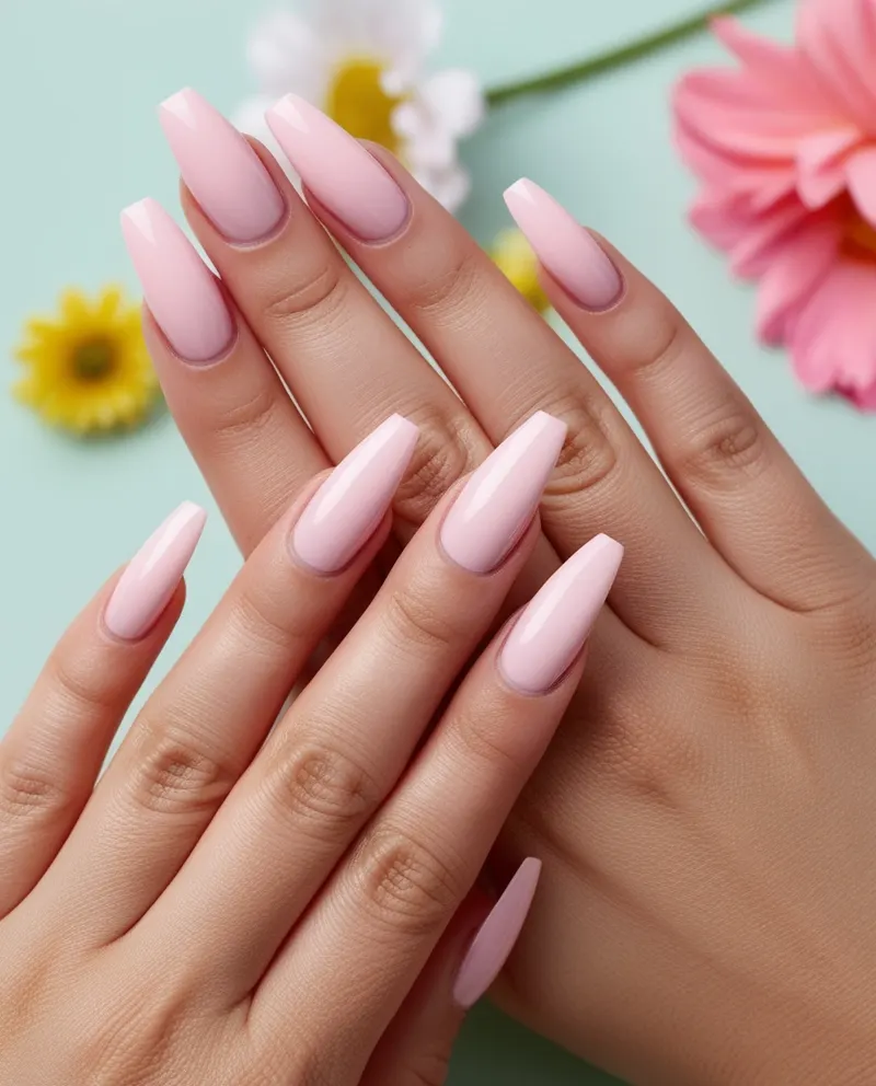 Baby pink French tip nails on a nude base with a soft, elegant finish.