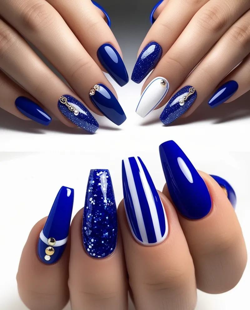 Blue Nail Designs with glitter, patterns, and plain styles for casual or formal occasions.