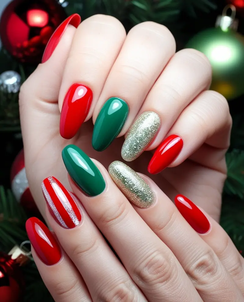 Hands with Classic Red and Green Winter Christmas Nails featuring glitter and stripes, perfect for festive vibes.