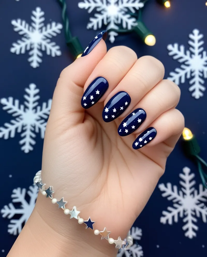 Midnight blue nails with tiny white star designs, perfect for Blue Christmas Nails ideas.