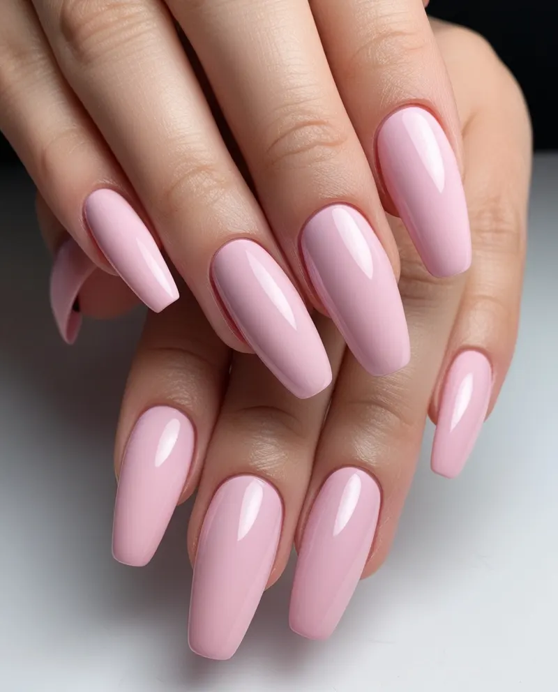 Soft pastel pink nails with a smooth and glossy look, perfect for summer.