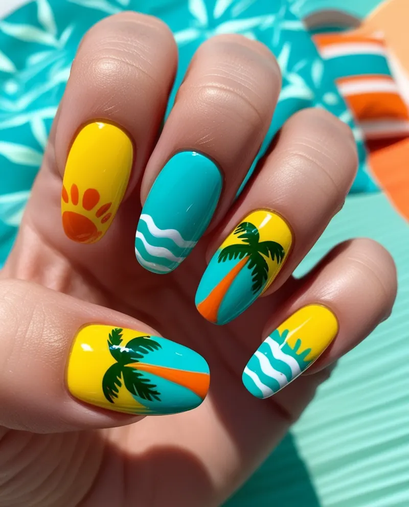 Bright summer nails with palm tree designs and beach-themed patterns.