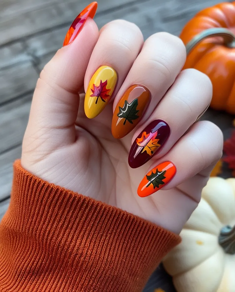 Warm autumn nails with leaves and pumpkin details.