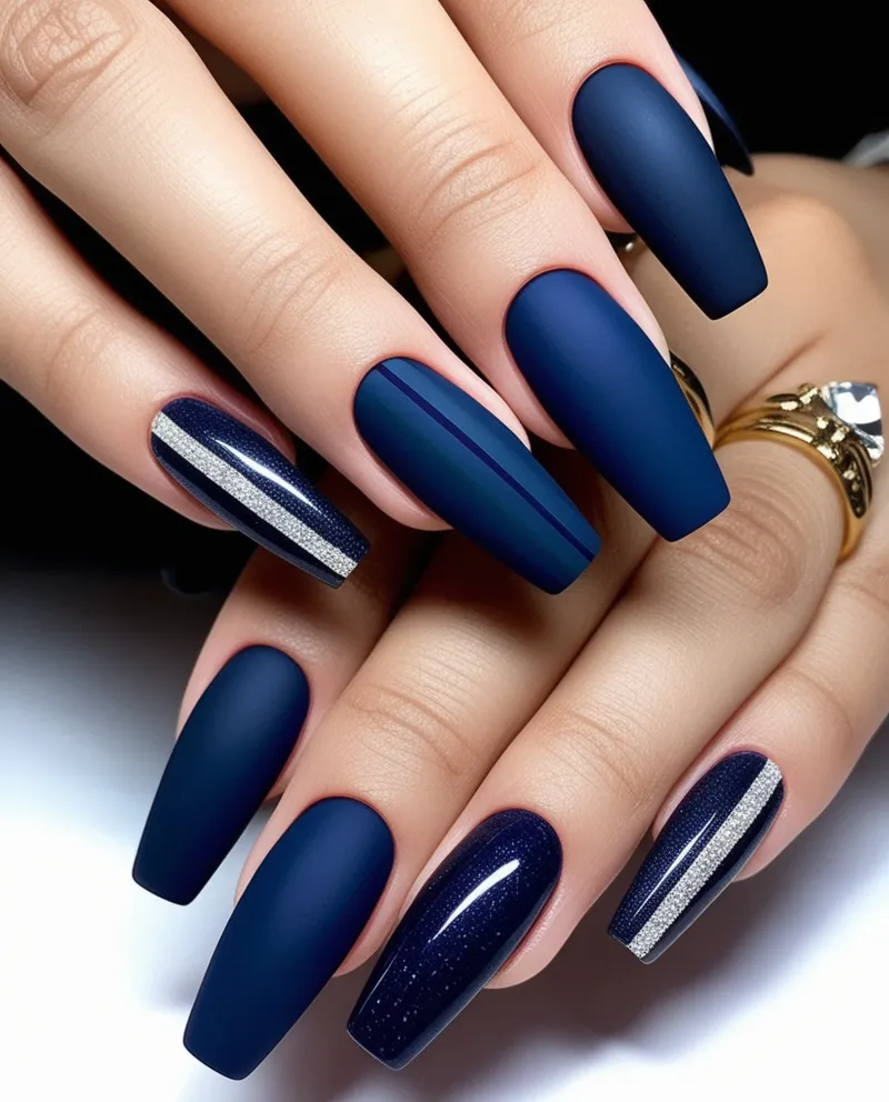 Bold Dark Blue Nail Designs with matte or glitter effects.