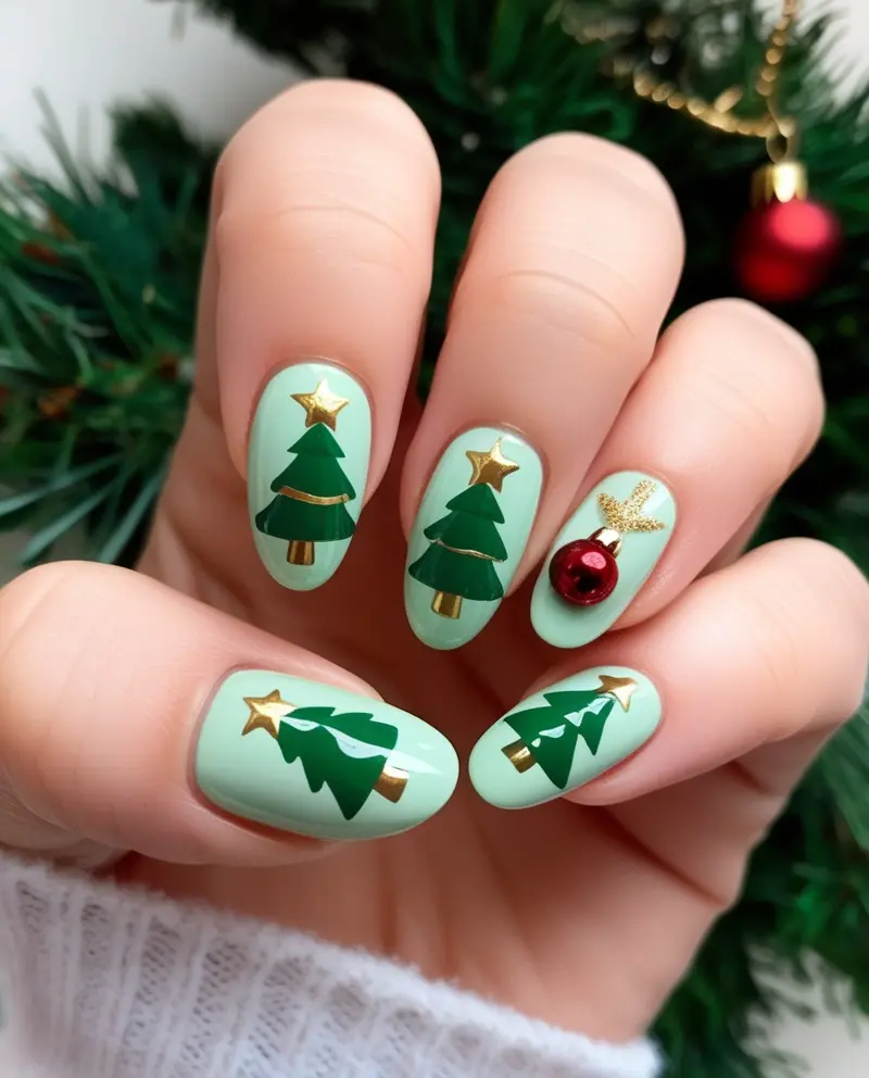 Festive Green Christmas Tree Winter Christmas Nails with stars and ornaments for holiday celebrations.