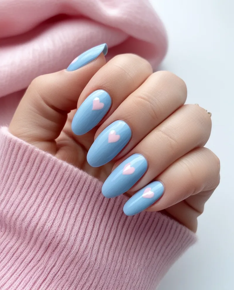 Light blue nails with pink hearts for a soft and romantic design.