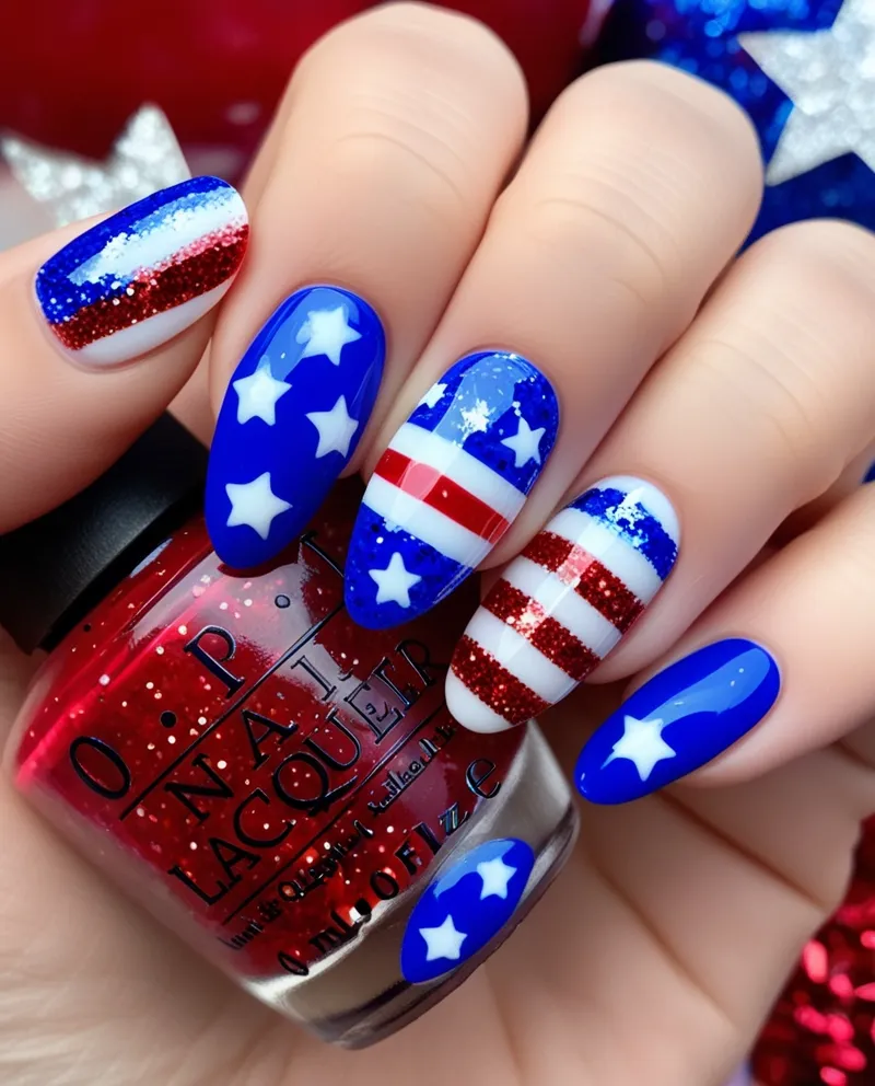 Patriotic Blue Nail Designs with stars and stripes for the 4th of July.