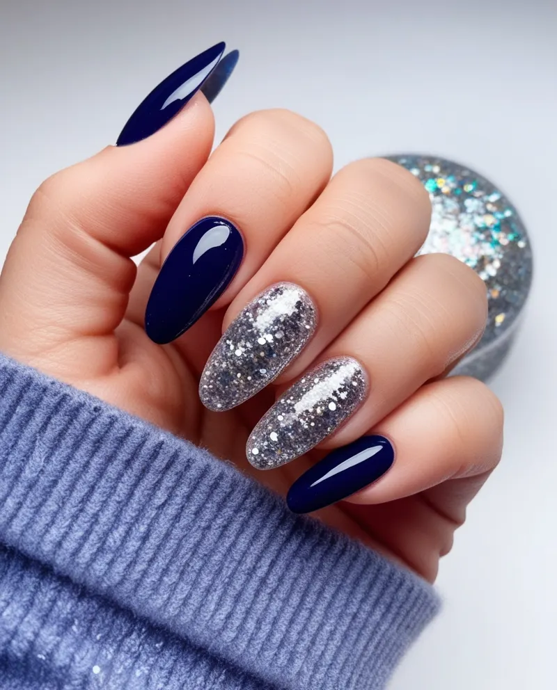 Blue nails with glittery tips for a festive Valentine’s Day look.