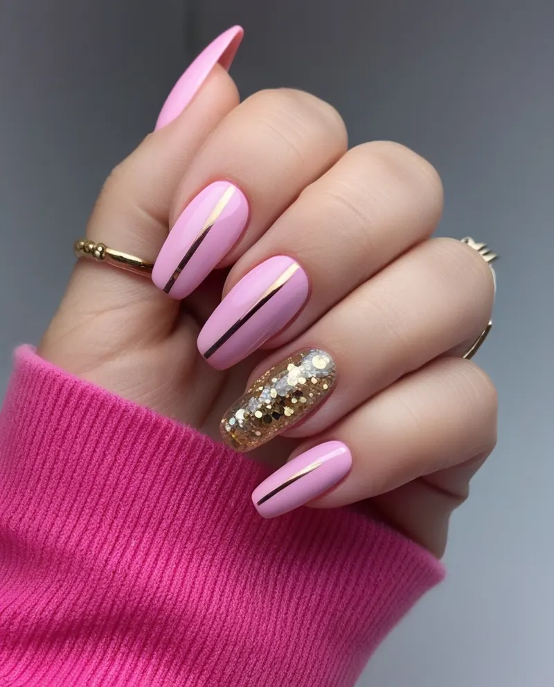 Pink nails decorated with shiny gold accents for an elegant summer look.