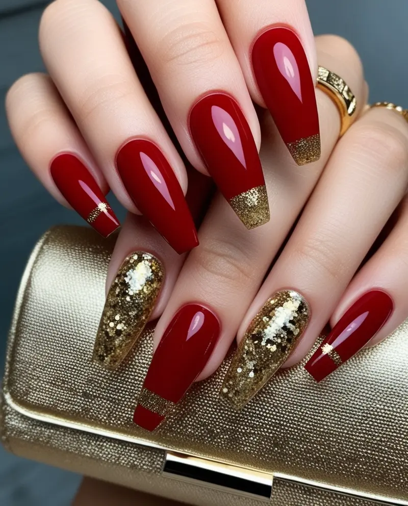 Chic Red French Tip Winter Christmas Nails with gold glitter for an elegant holiday look.