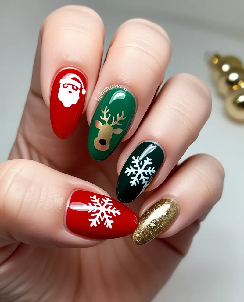 Christmas nails with festive Santa, snowflakes, and reindeer designs.