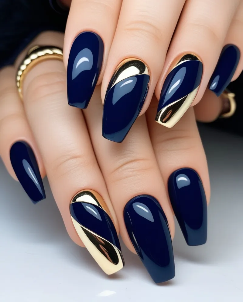 Classic Navy Blue Nail Designs with metallic gold accents.