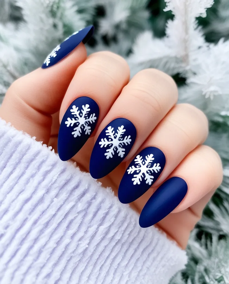 Navy blue nails with snowflake stickers, a simple and festive Blue Christmas Nails design.