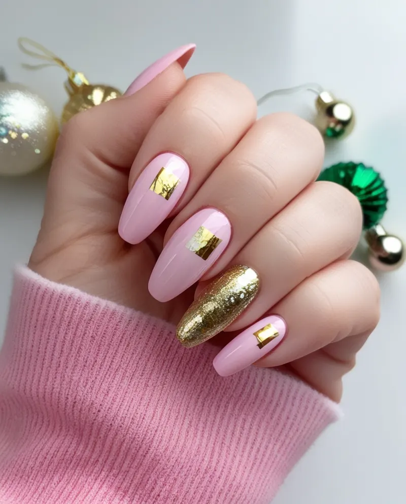 Pink nails with shiny gold foil for a glamorous touch.