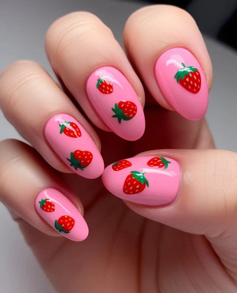 Cute pink nails featuring fun strawberry patterns and green details.