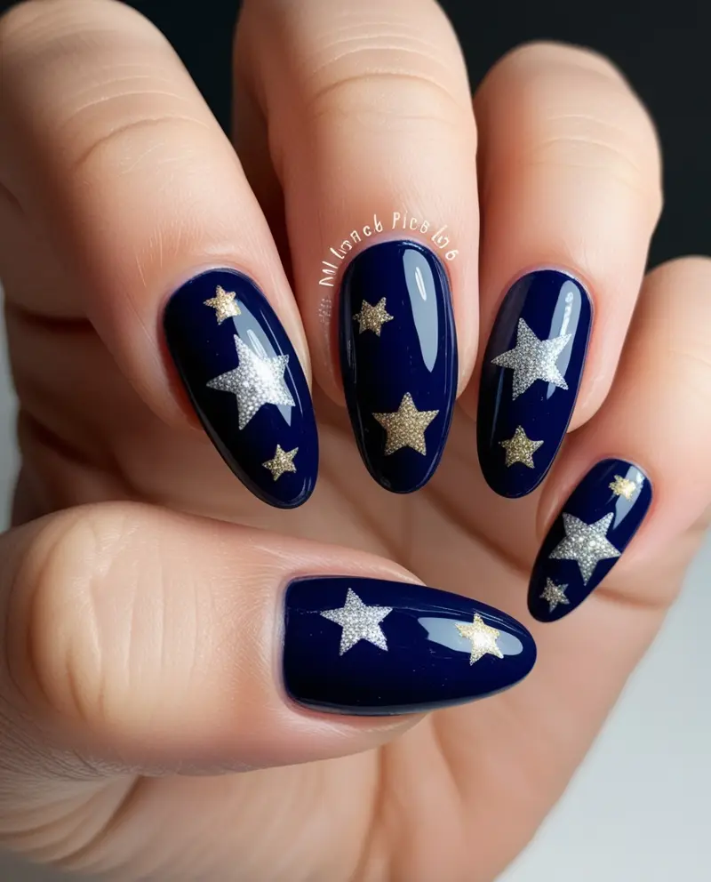 Magical Winter Christmas Nails with Stars on a dark blue background, creating a winter wonderland vibe.