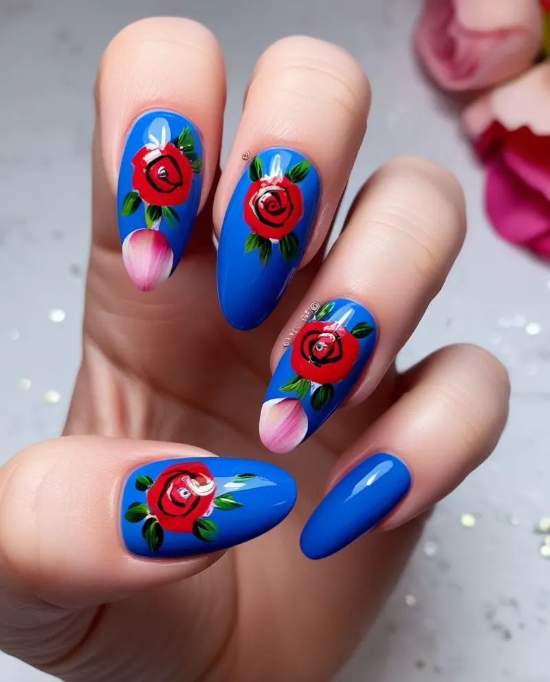 Blue nails featuring romantic rose designs for Valentine’s Day.