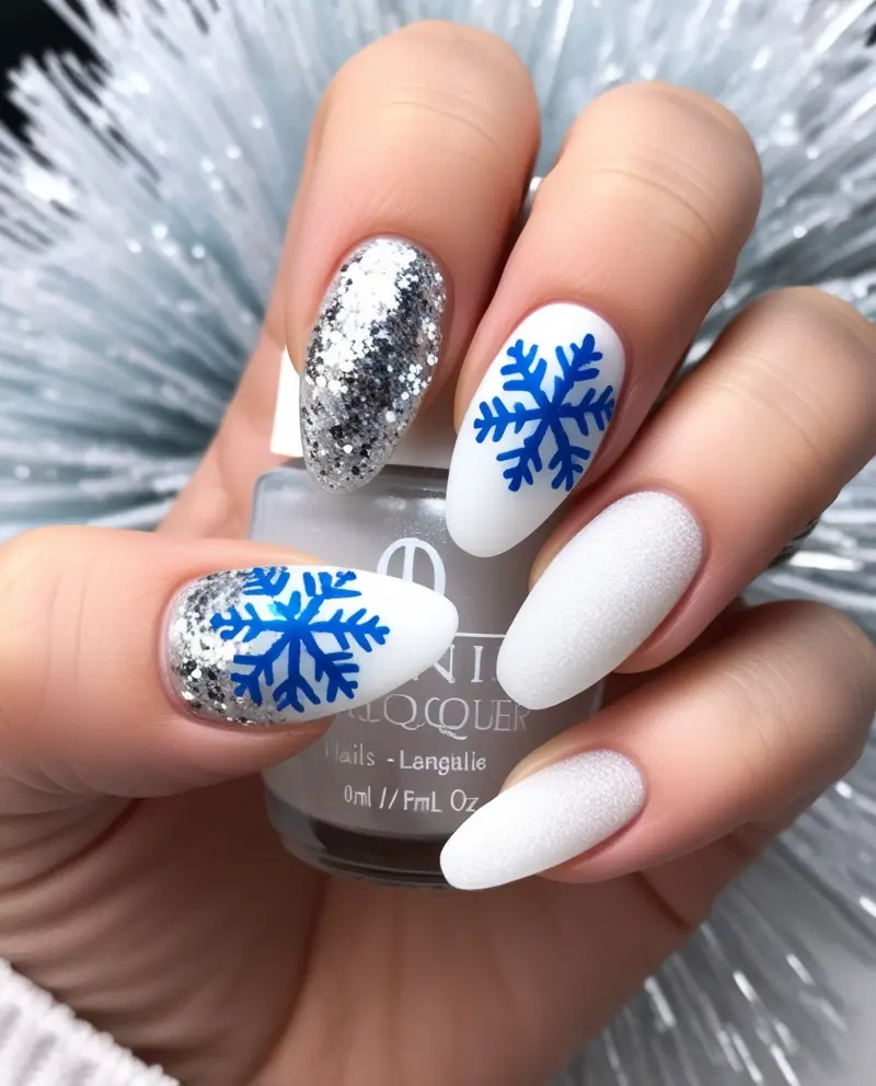 Frosted Winter Christmas Nails in white and silver with snowflakes for a wintery holiday look.