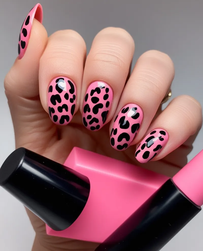 Pink nails with black leopard print for a fun and creative look.