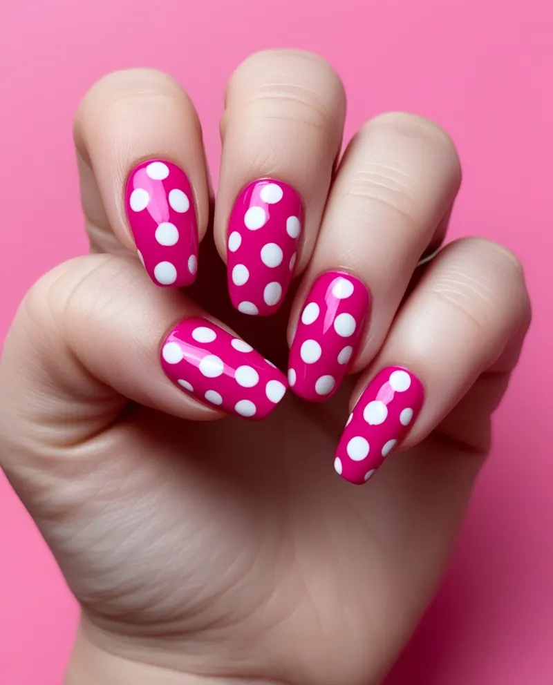 Playful pink nails with white polka dots for a fun and retro summer vibe.