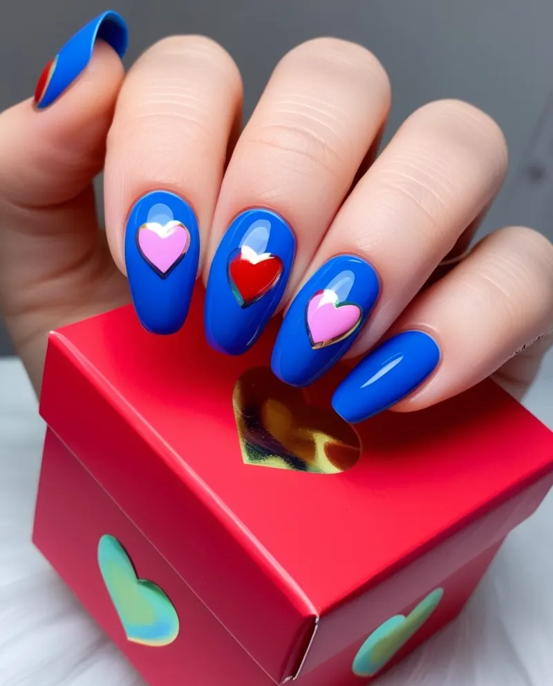 Blue nails with colorful love heart accents for a sweet design.