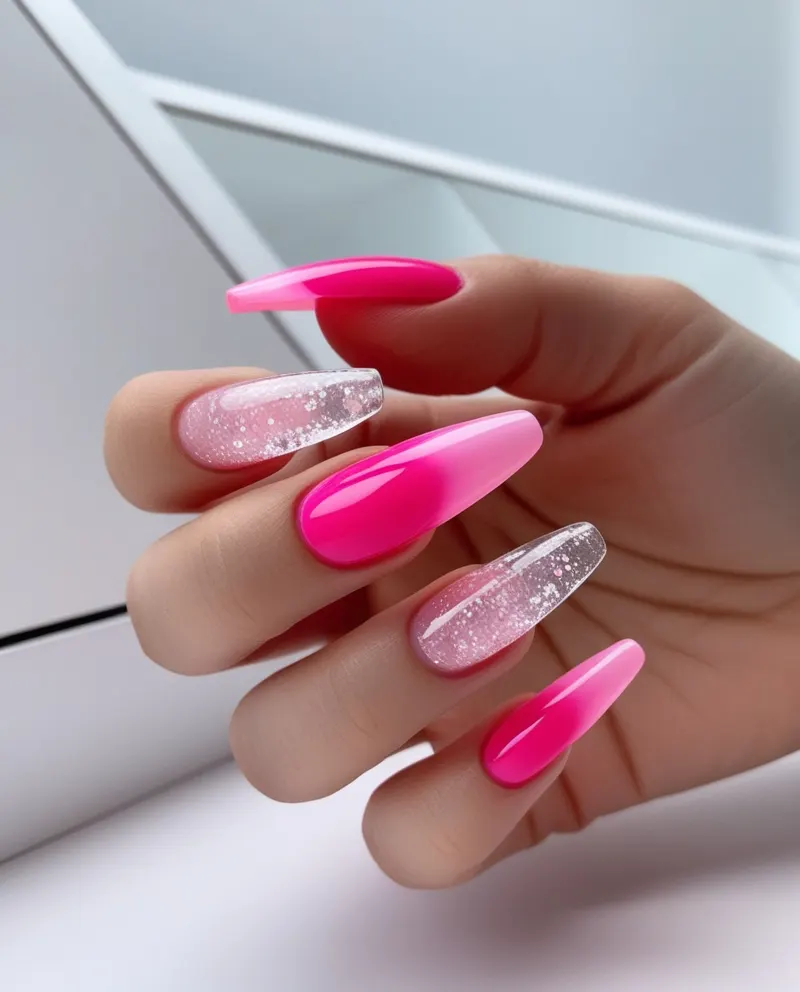 Clear nails with pink tips and glitter accents for a fresh and stylish design.