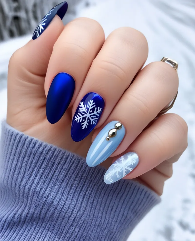 Wintery January nails with icy blue shades and snowflake designs.