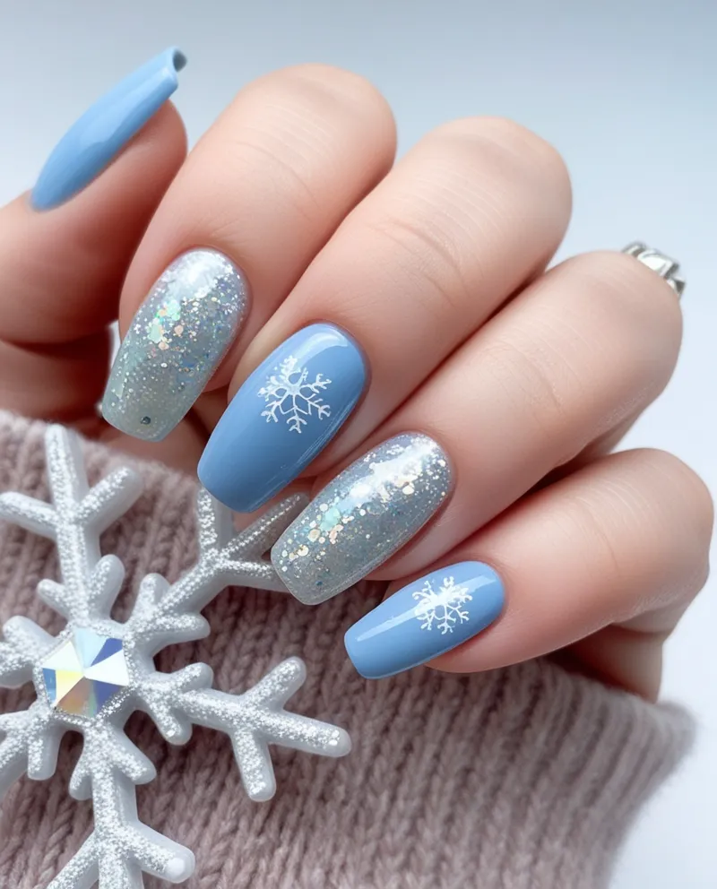 Light blue nails with shimmering ice crystal designs, a magical Blue Christmas Nails look.