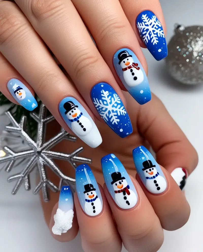 Adorable Snowman and Snowflake Accent Winter Christmas Nails for a balanced festive design.