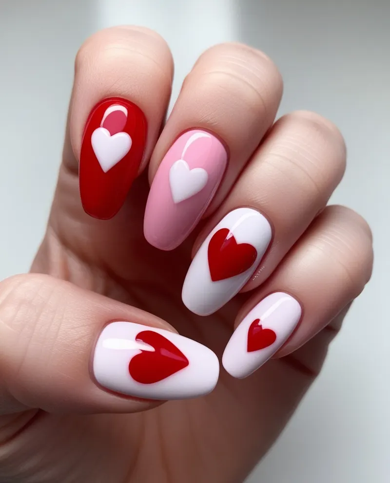 Romantic February nails with hearts and love symbols.