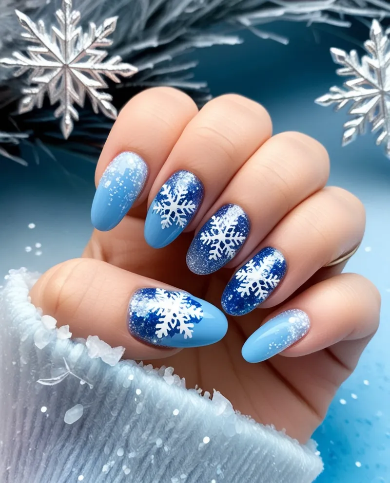 Frozen-themed blue nails with glitter and snowflakes, perfect for Blue Christmas Nails.