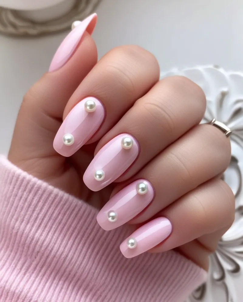 Pink nails with pearl embellishments for a classy and sophisticated style.