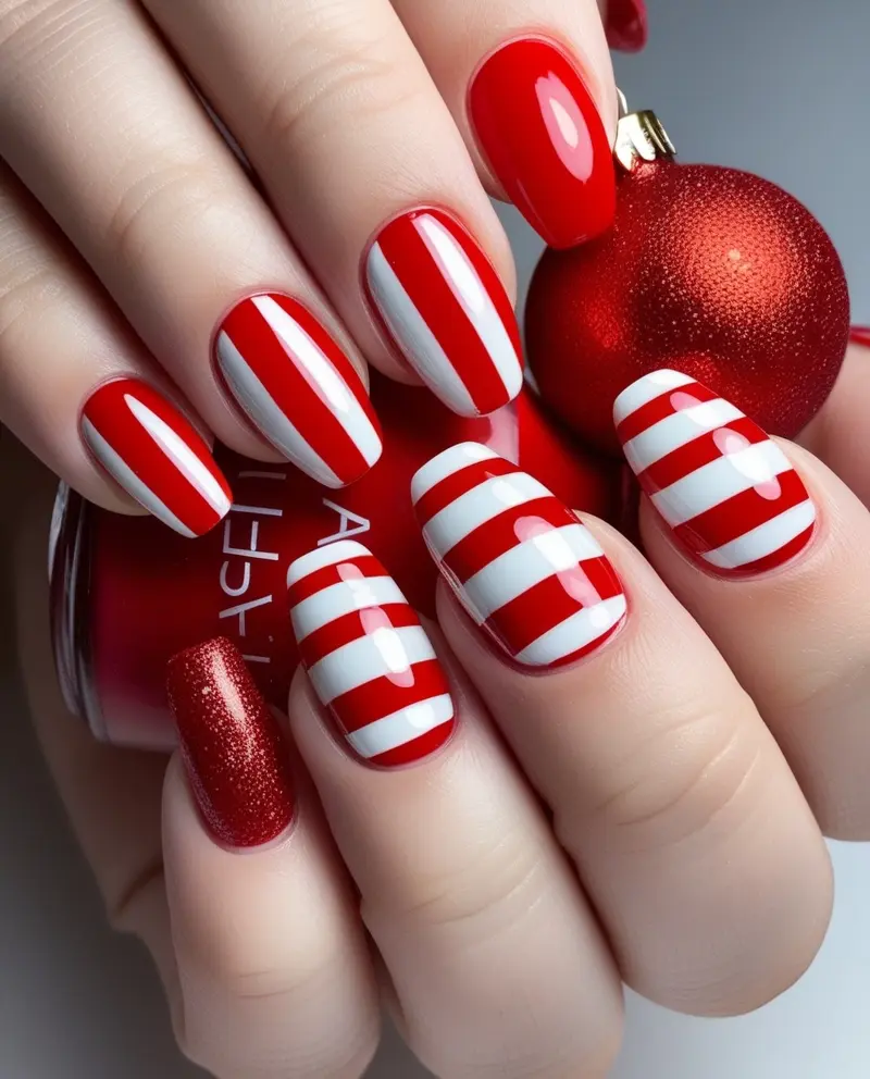 Classic Red and White Winter Christmas Nails with playful polka dots and stripes.