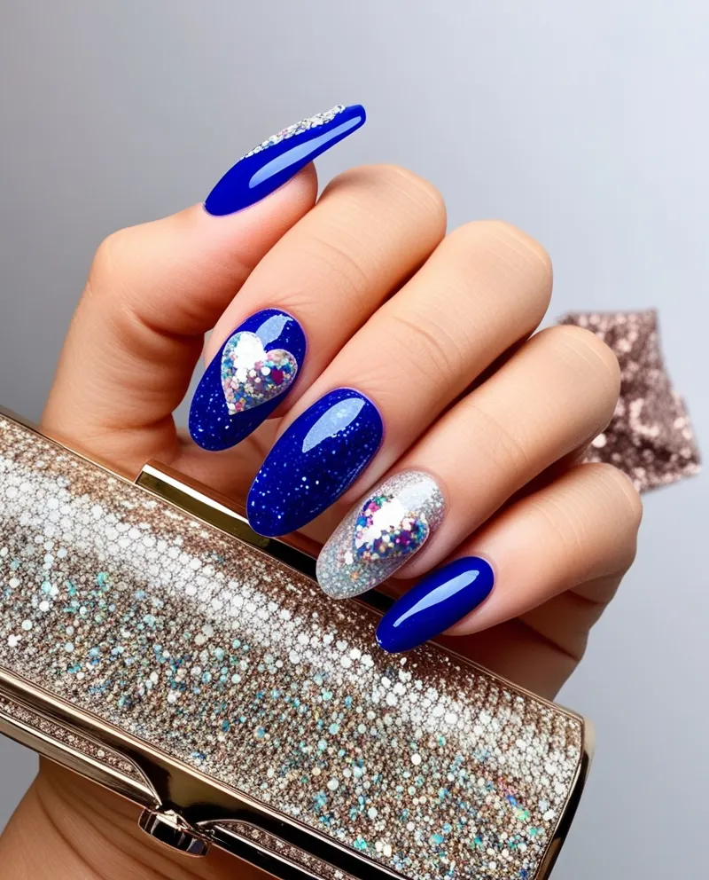 Blue nails with sparkly heart details for a bold and romantic style.