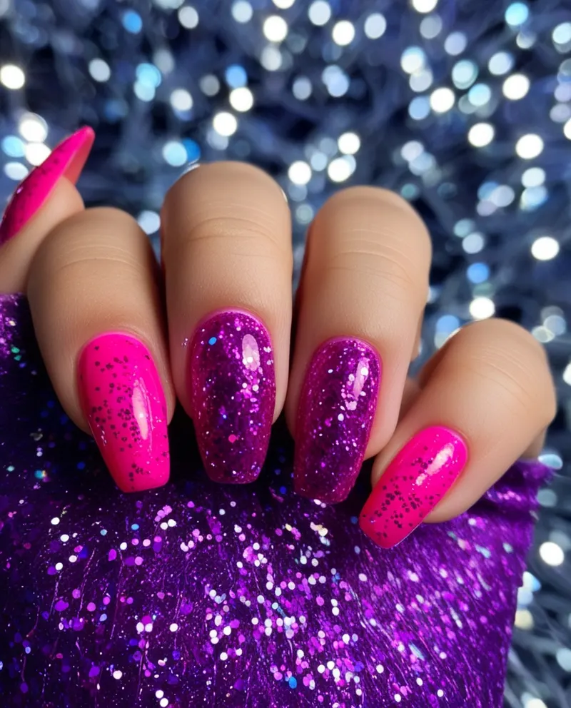 Glittery fuchsia pink nails perfect for glamorous night-out looks.