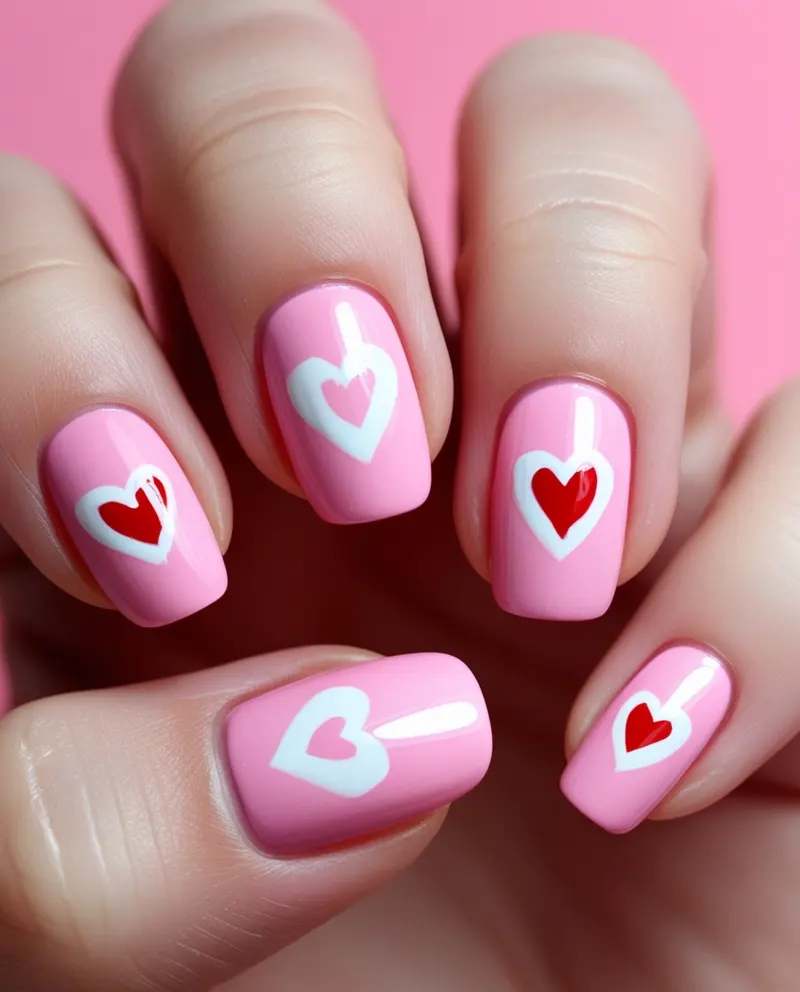 Sweet pink nails with tiny white and red heart designs for a cute look.