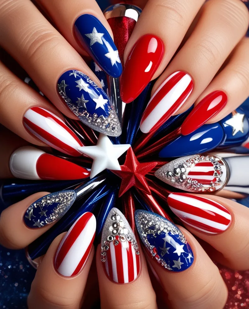 Patriotic Red, White, and Blue Nail Designs with stars and stripes.