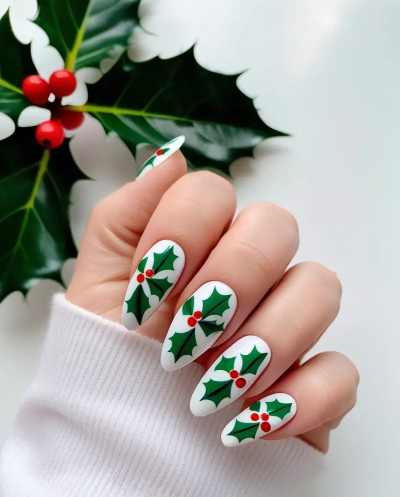 Elegant Winter Christmas Nails with Holly Designs for a nature-inspired holiday style.