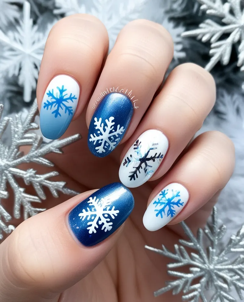 Wintery nails with snowflakes and frosty designs.