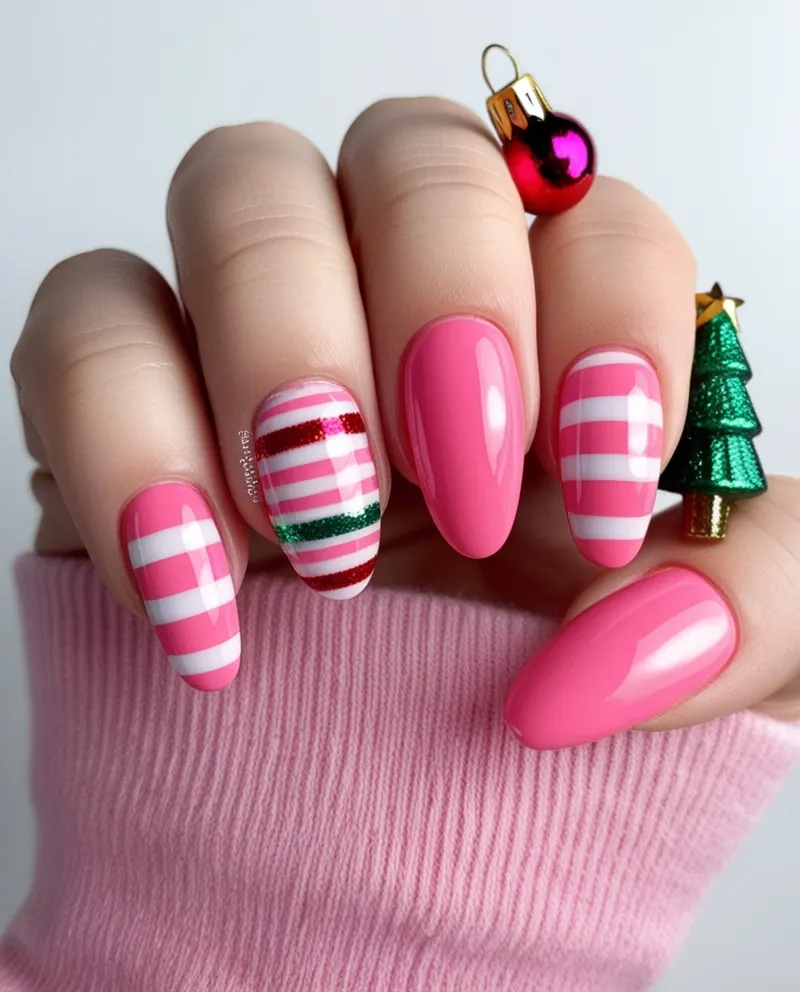 Fun candy-striped pink nails ideal for festive occasions.