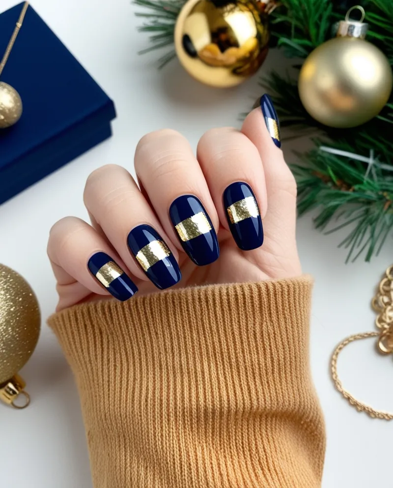 Navy blue nails with gold foil accents, a fancy Blue Christmas Nails style.