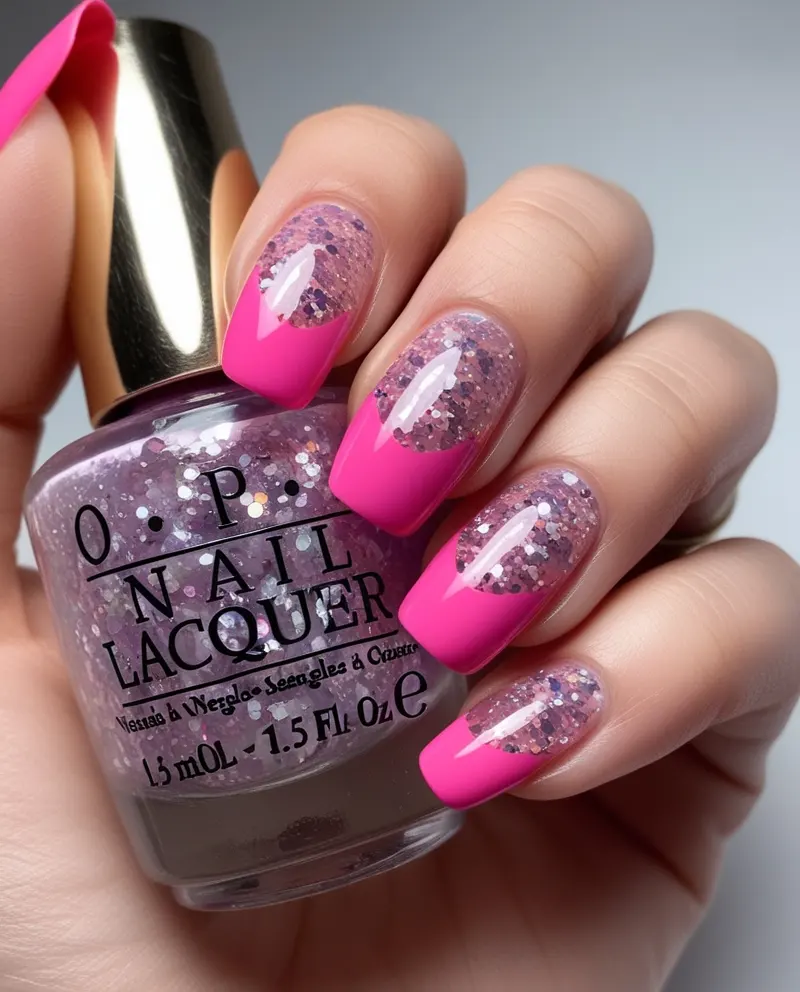 Nails featuring glittery pink French tips, adding sparkle to a classic style.