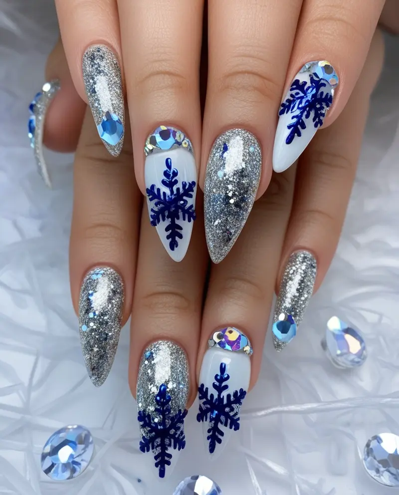 Frosty Silver and Blue Winter Christmas Nails with snowflake details for a cool holiday theme.