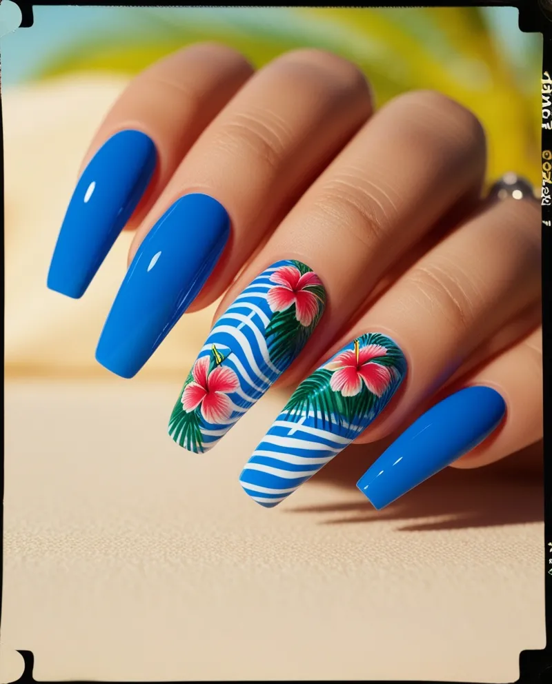 Fun Summer Blue Nail Designs with beach and tropical patterns.