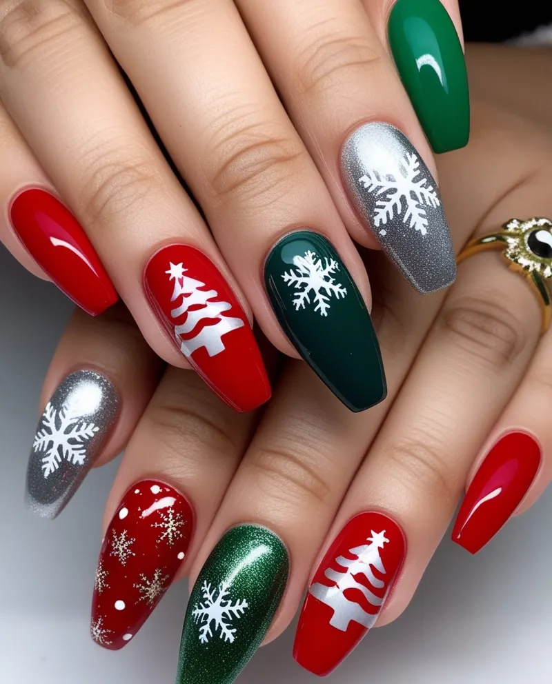 Christmas-themed nails with Santa, snowflakes, and trees.