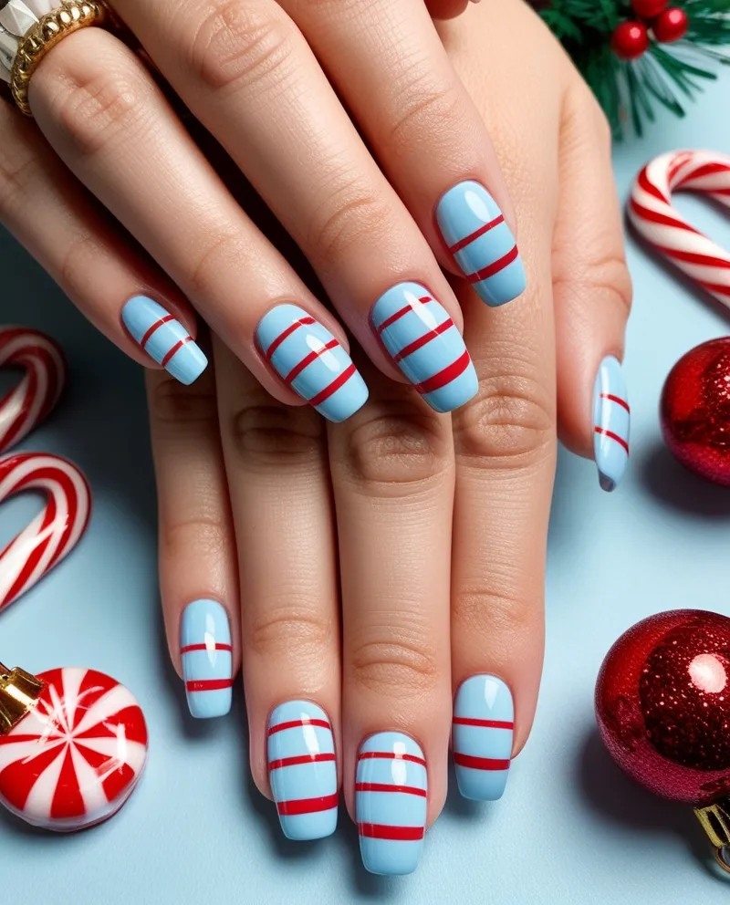 Baby blue nails with candy cane stripes, a cheerful Blue Christmas Nails design.