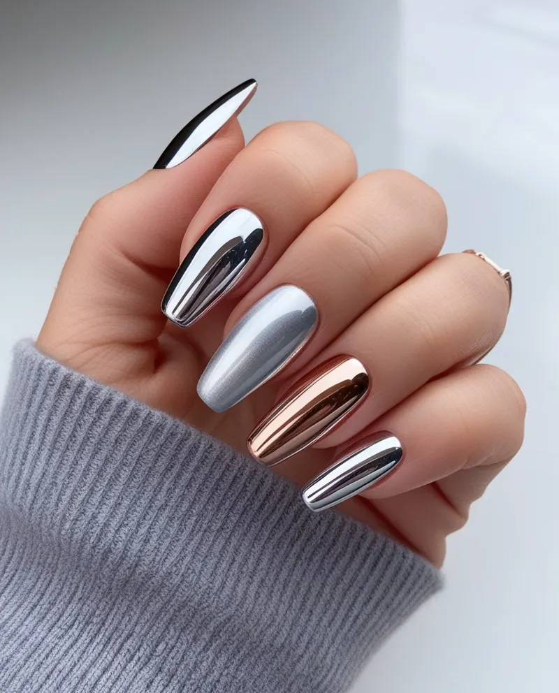 Shiny chrome nails with metallic finishes in silver and gold.