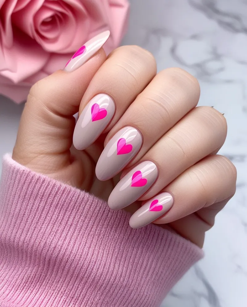 Neutral nails with pink heart accents for a sweet and romantic look.