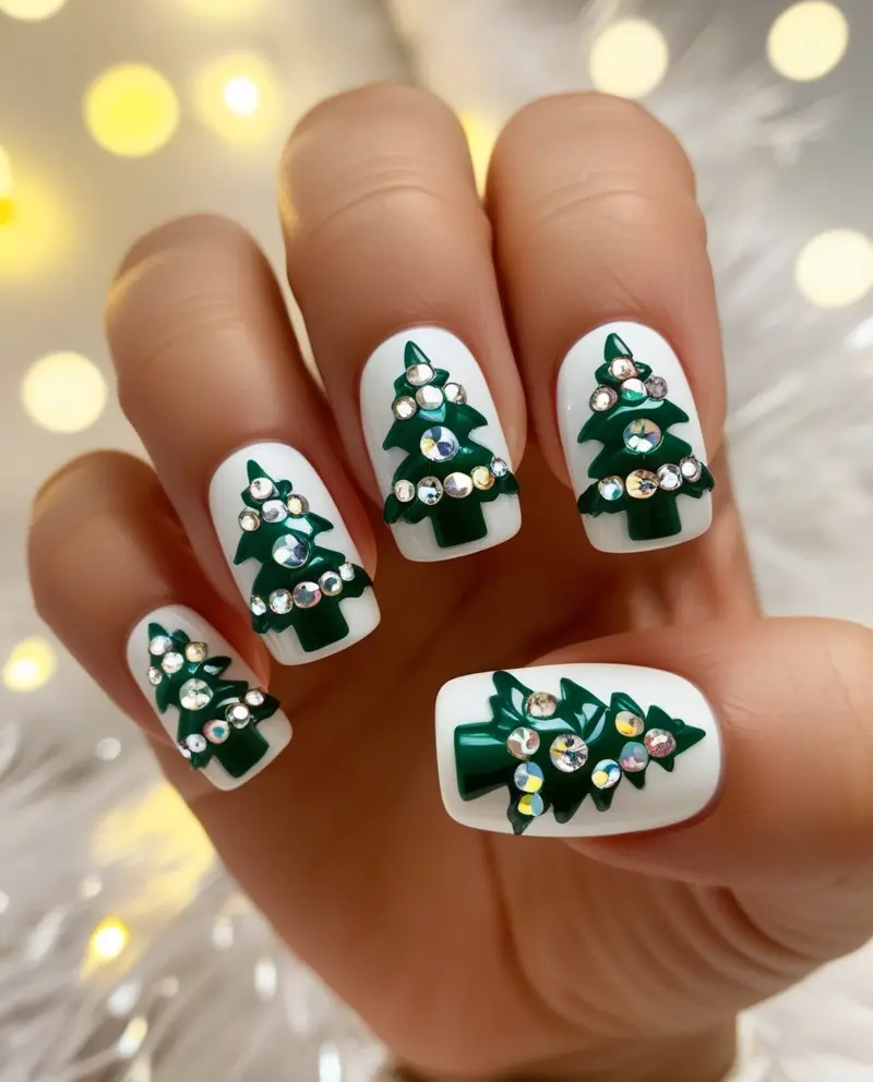 Glamorous Rhinestone Winter Christmas Nails for a sparkling holiday celebration.